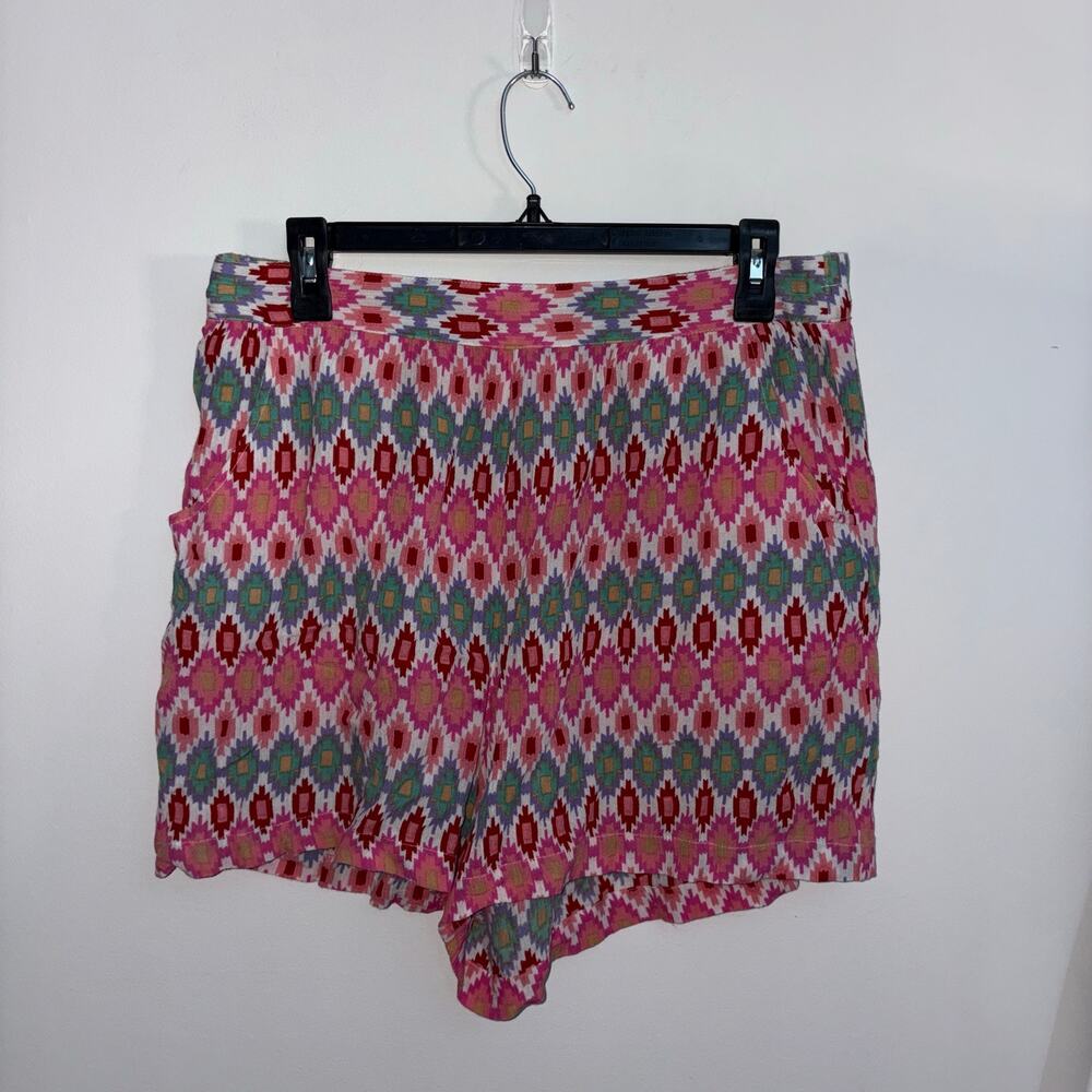 ASPIGA Pink Aztec Print Linen Blend Pull-On Shorts Size L Boho Resort
